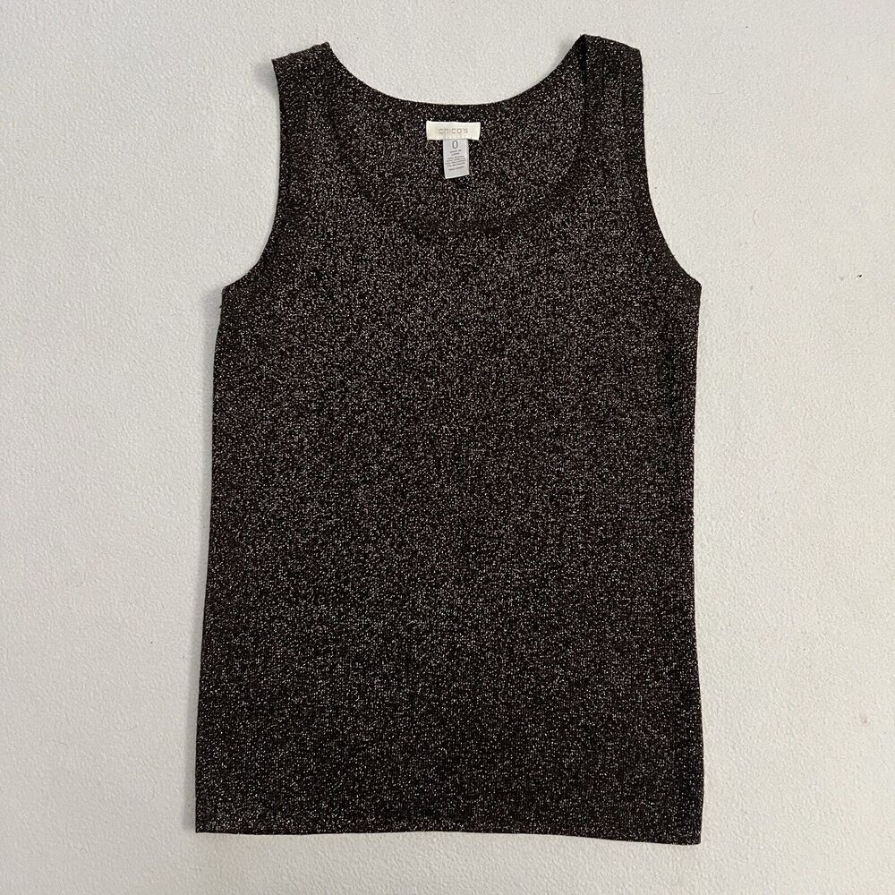 Chicos Black Gold Metallic Shimmer Washable Knit Tank Sleeveless Scoop Top 0 S 4
